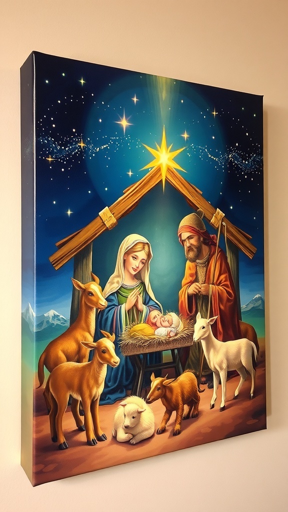 Nativity scene painting on canvas featuring Jesus, Mary, and Joseph under a starry sky.
